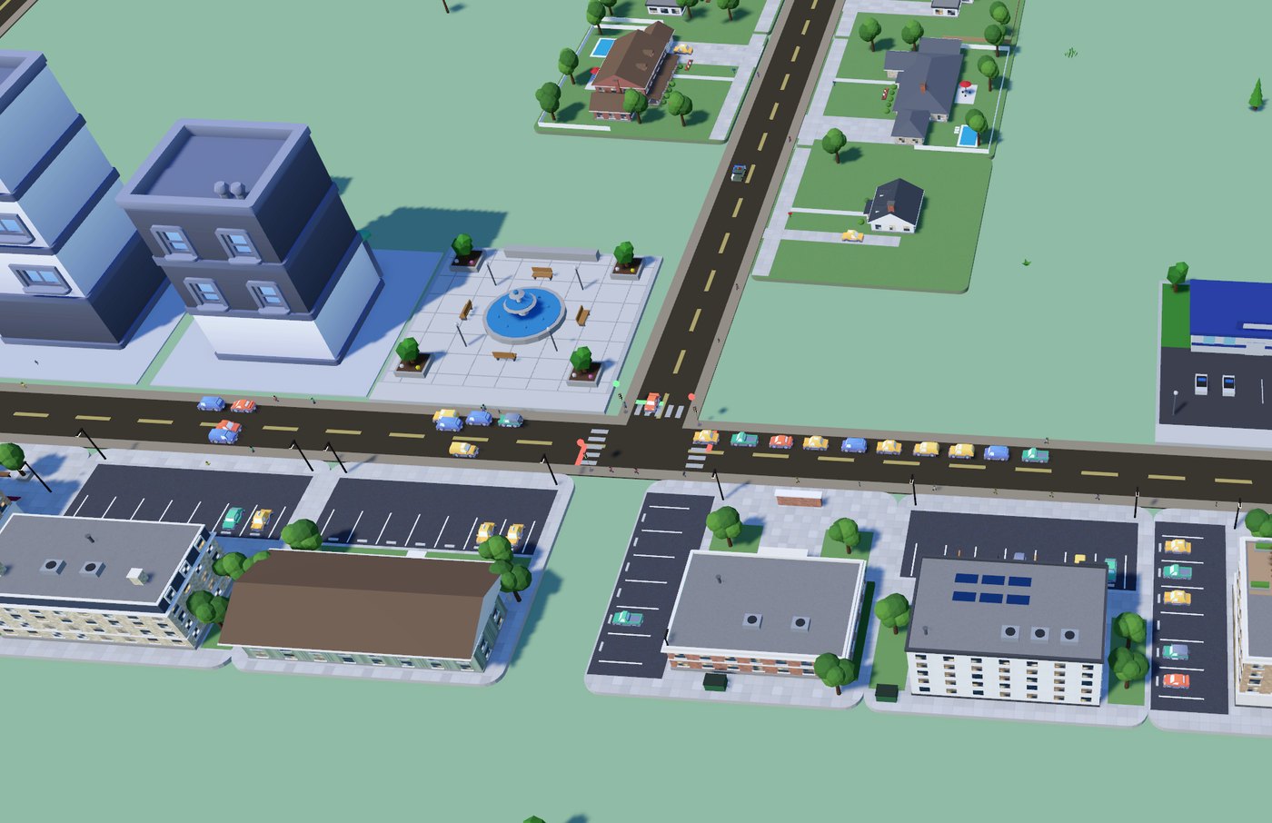 Downtown streets with crosswalks and traffic