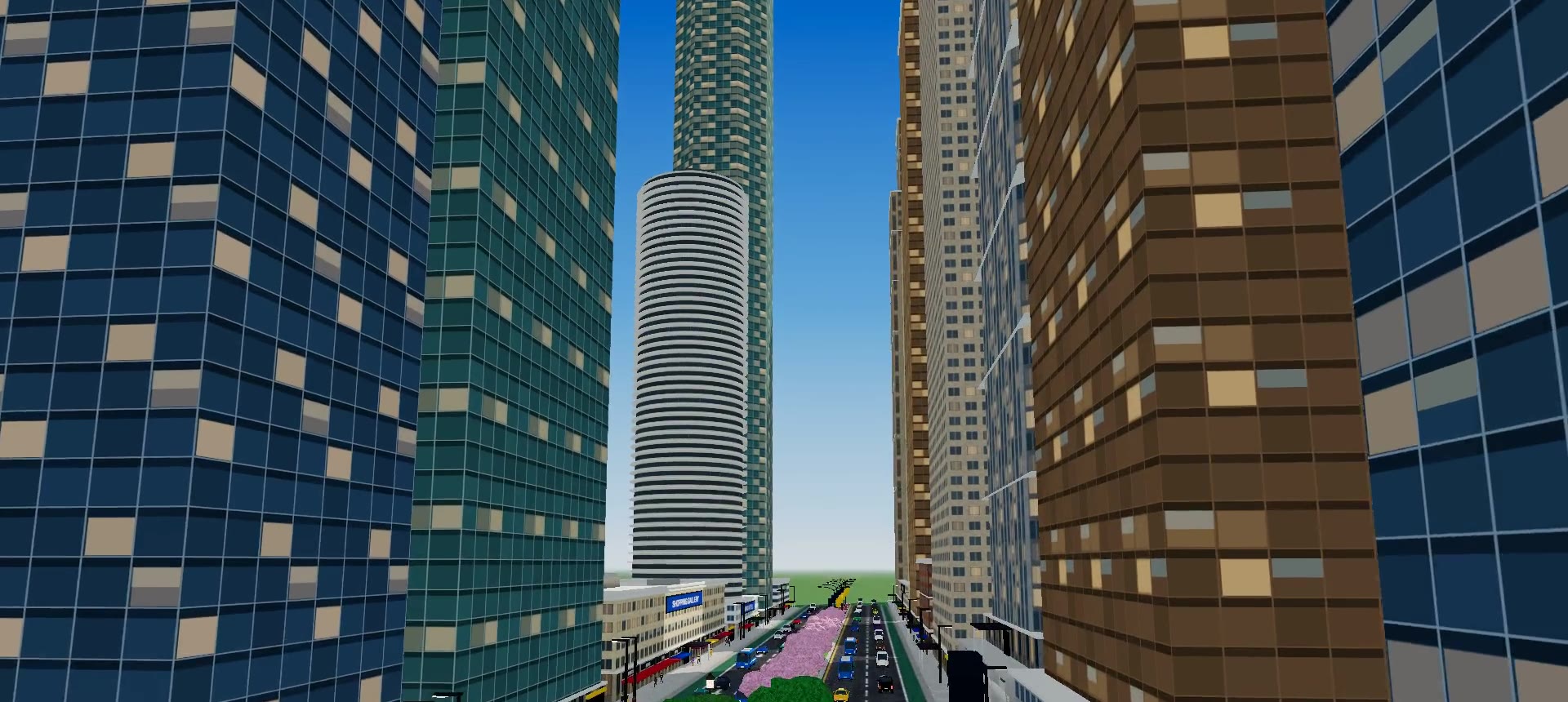 Traffic on a boulevard between tall towers