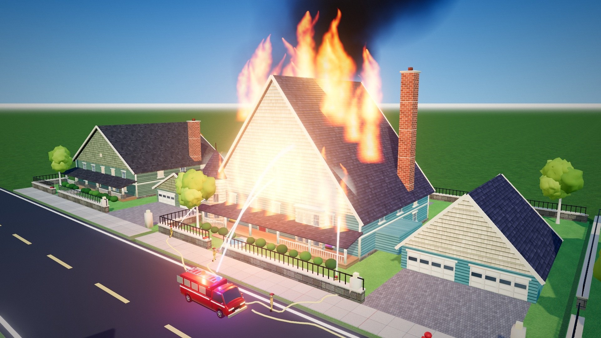 Fire crews spraying a burning house