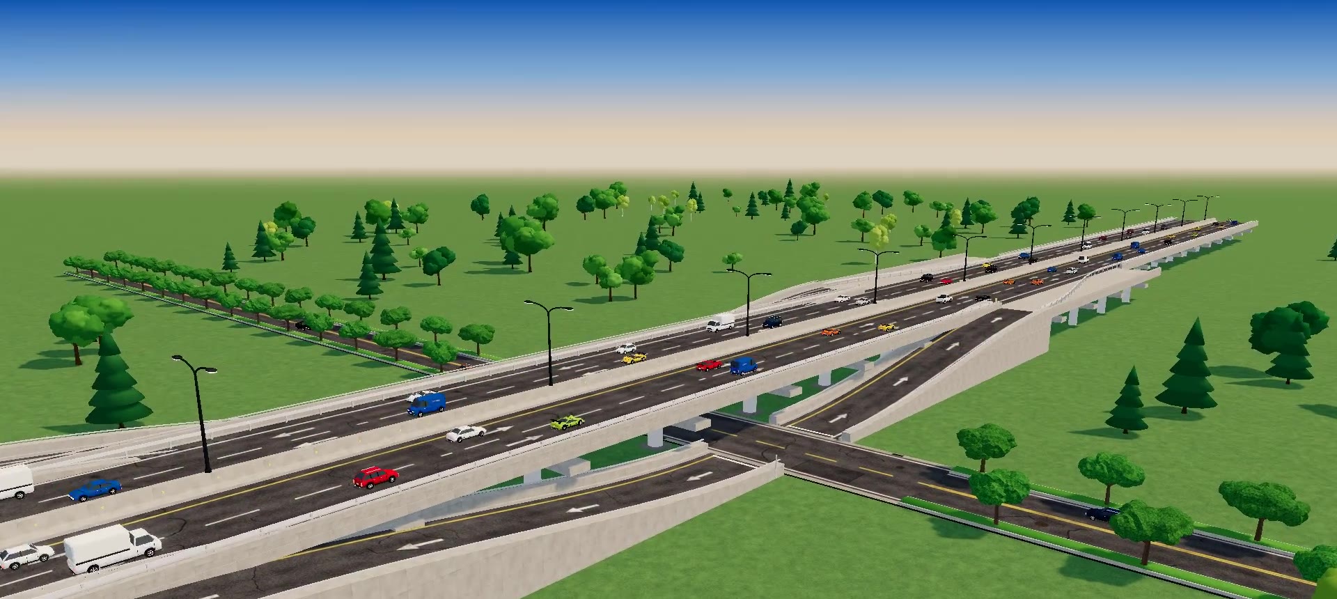 A raised highway interchange crossing over the roads below