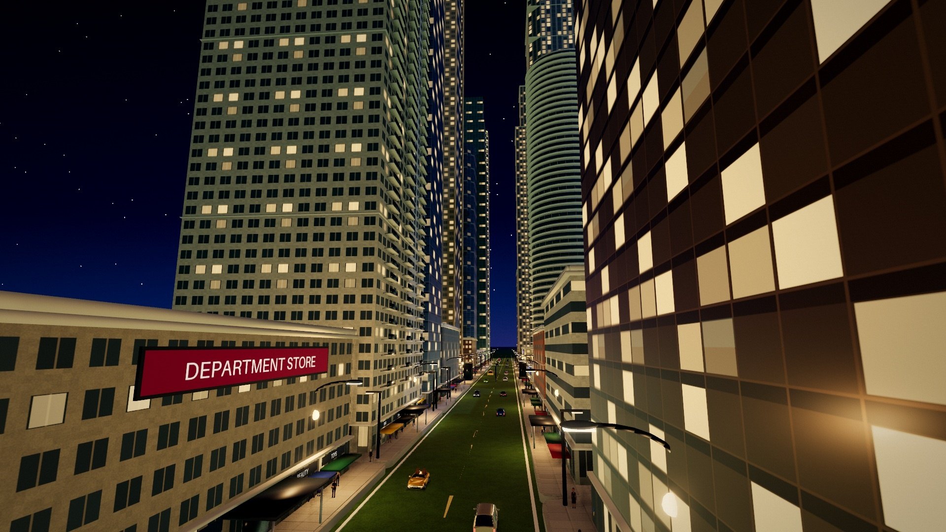 The city at night with lit windows