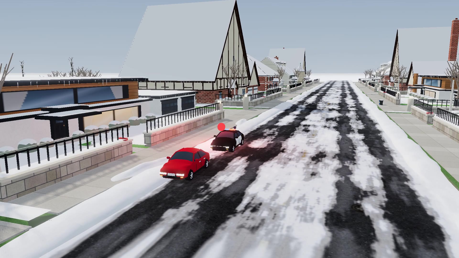 A police car pulling a red car over on a snowy street