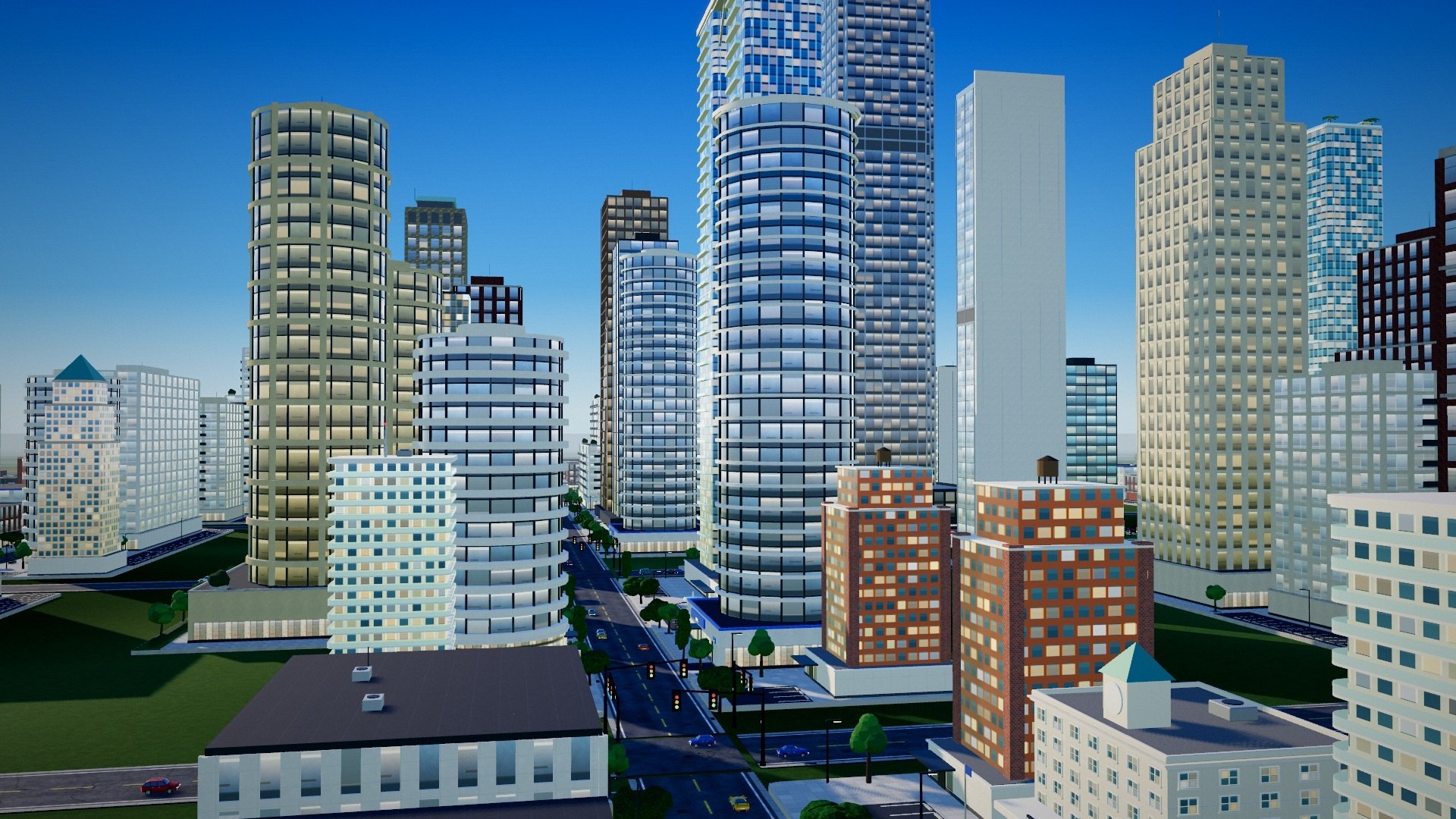 Skyscrapers rising over a downtown with a stadium