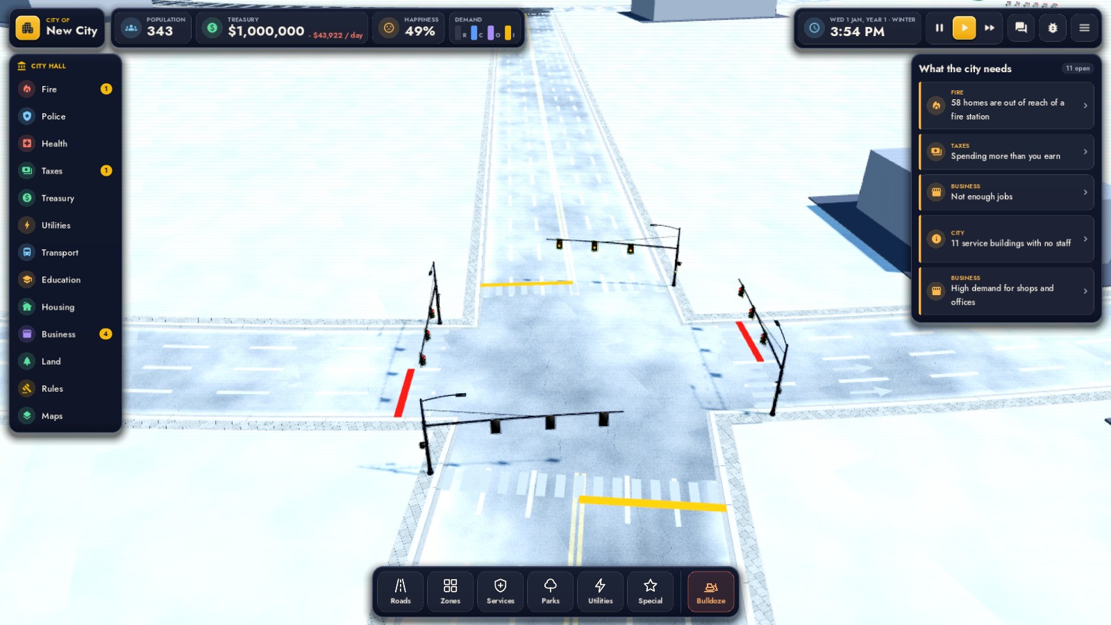A signal-controlled crossroads under fresh snow, with traffic lights and painted crossings