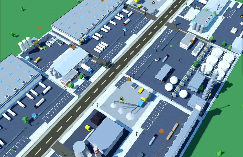 An industrial district with factories and tanks