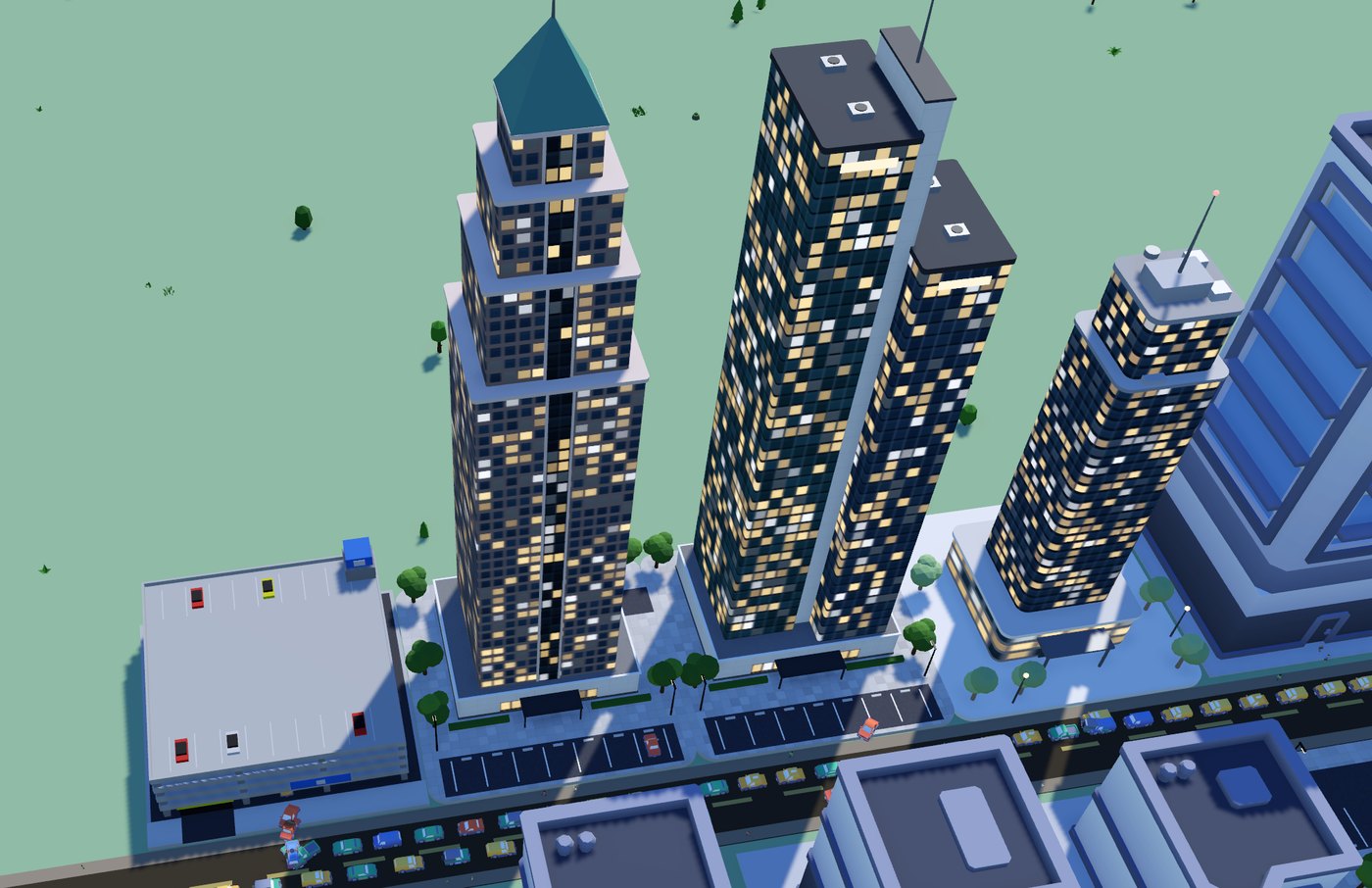 Office and apartment towers over a busy avenue