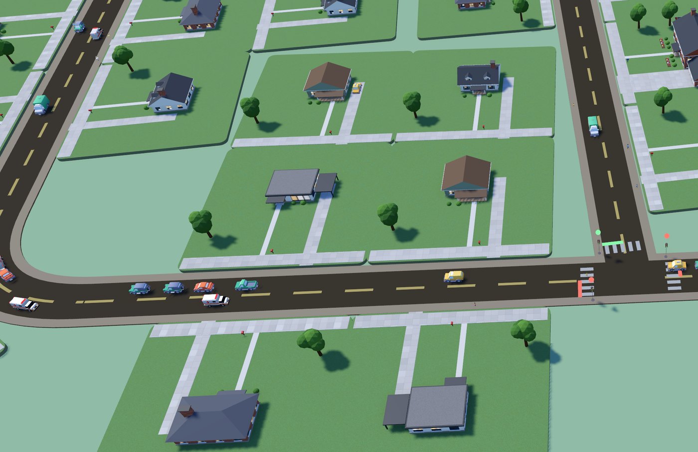 A suburb of houses on a curved road