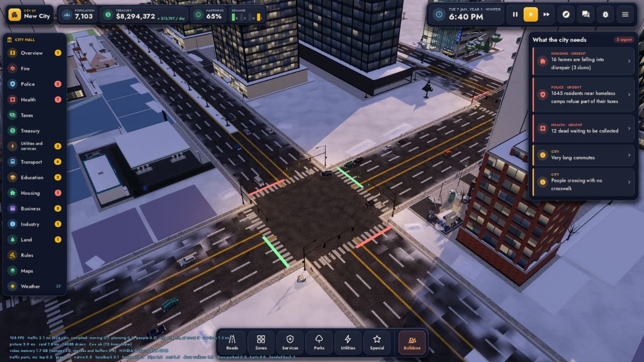 A four-way junction of wide avenues downtown on a winter evening in The City, with traffic lights, crosswalks on every side and red and green stop lines on each approach