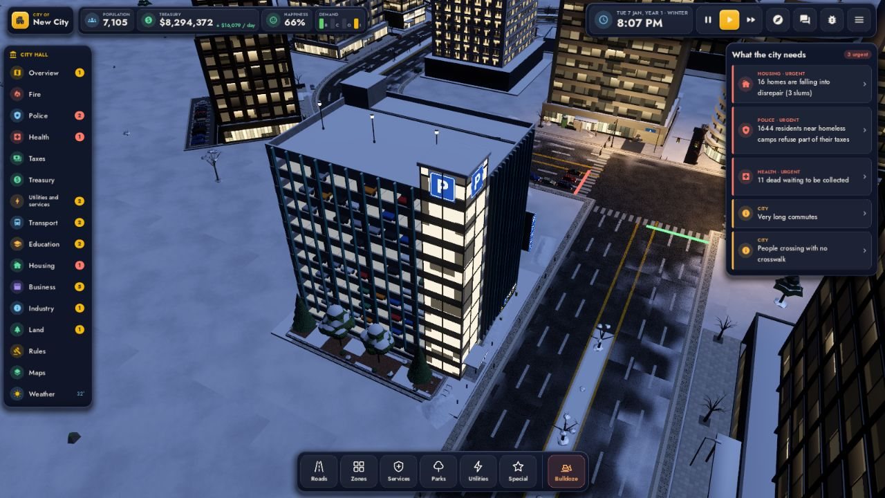 A multi-storey parking garage with a blue P sign, lit up at night in a snowy downtown in The City, with cars parked on every floor and towers around it